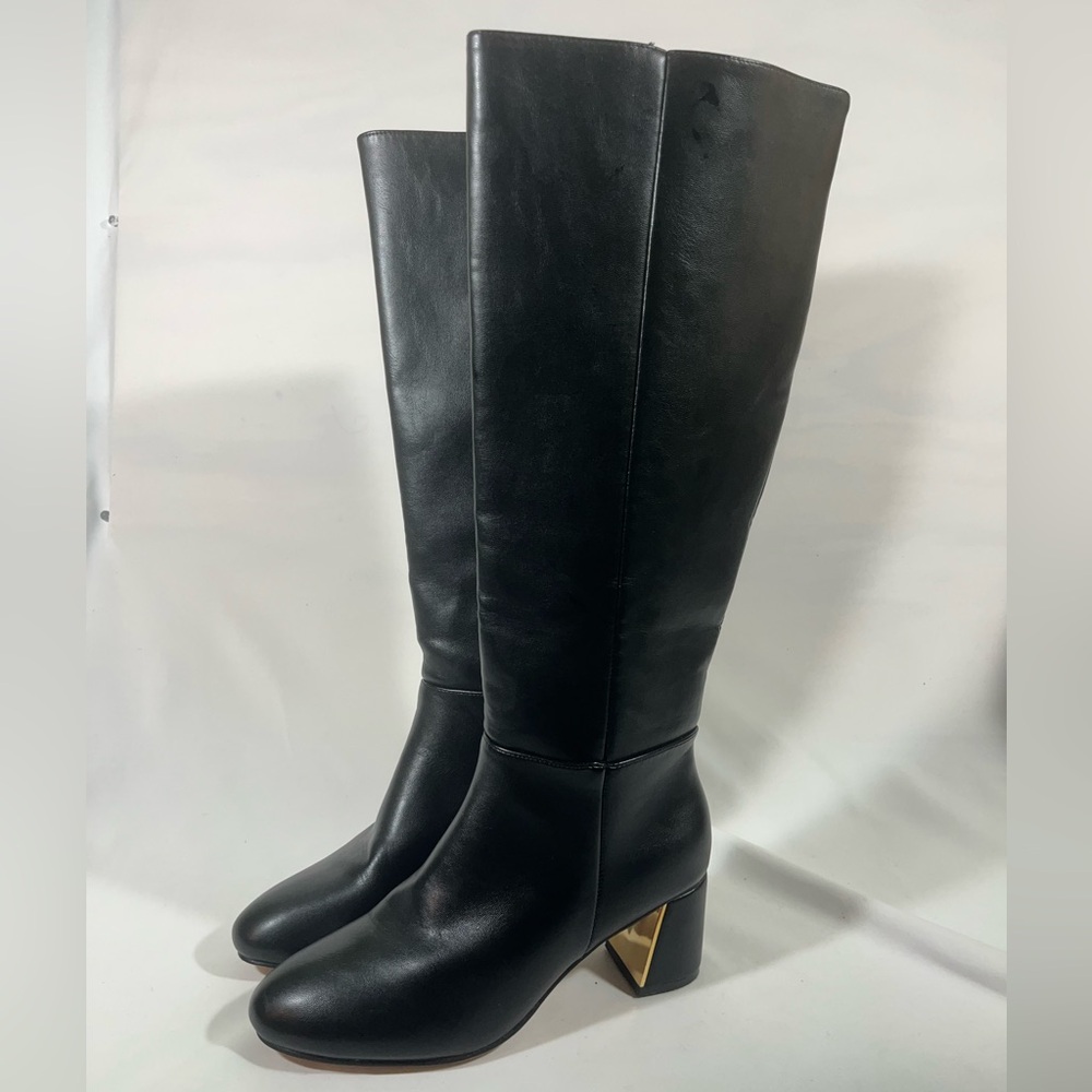XOXO KENDAL LEATHER TALL BOOT WOMEN 10M BLACK W/GOLD HEEL ACC ZIP WIDE CALF NEW